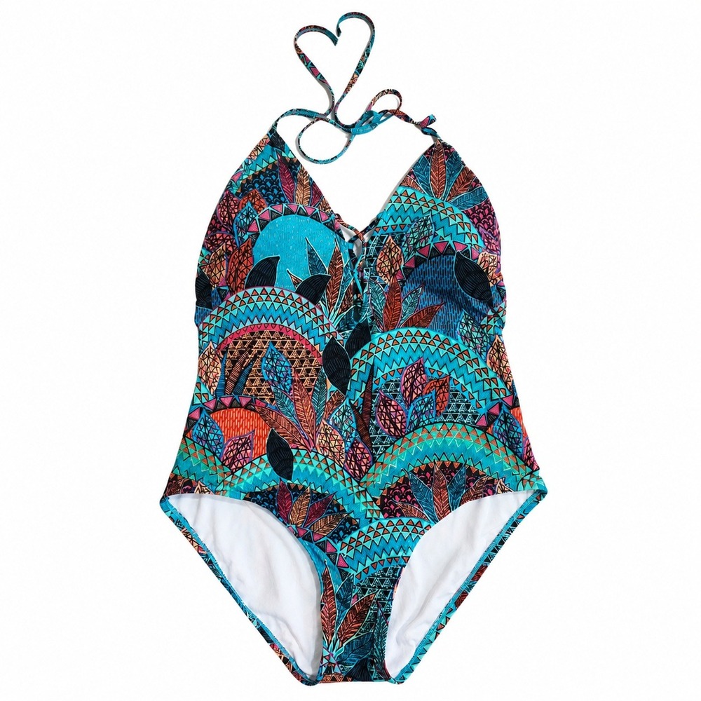 Coastal Zone by Jantzen Vintage One Piece Swimsuit Halter Lace Up Geometric Blue